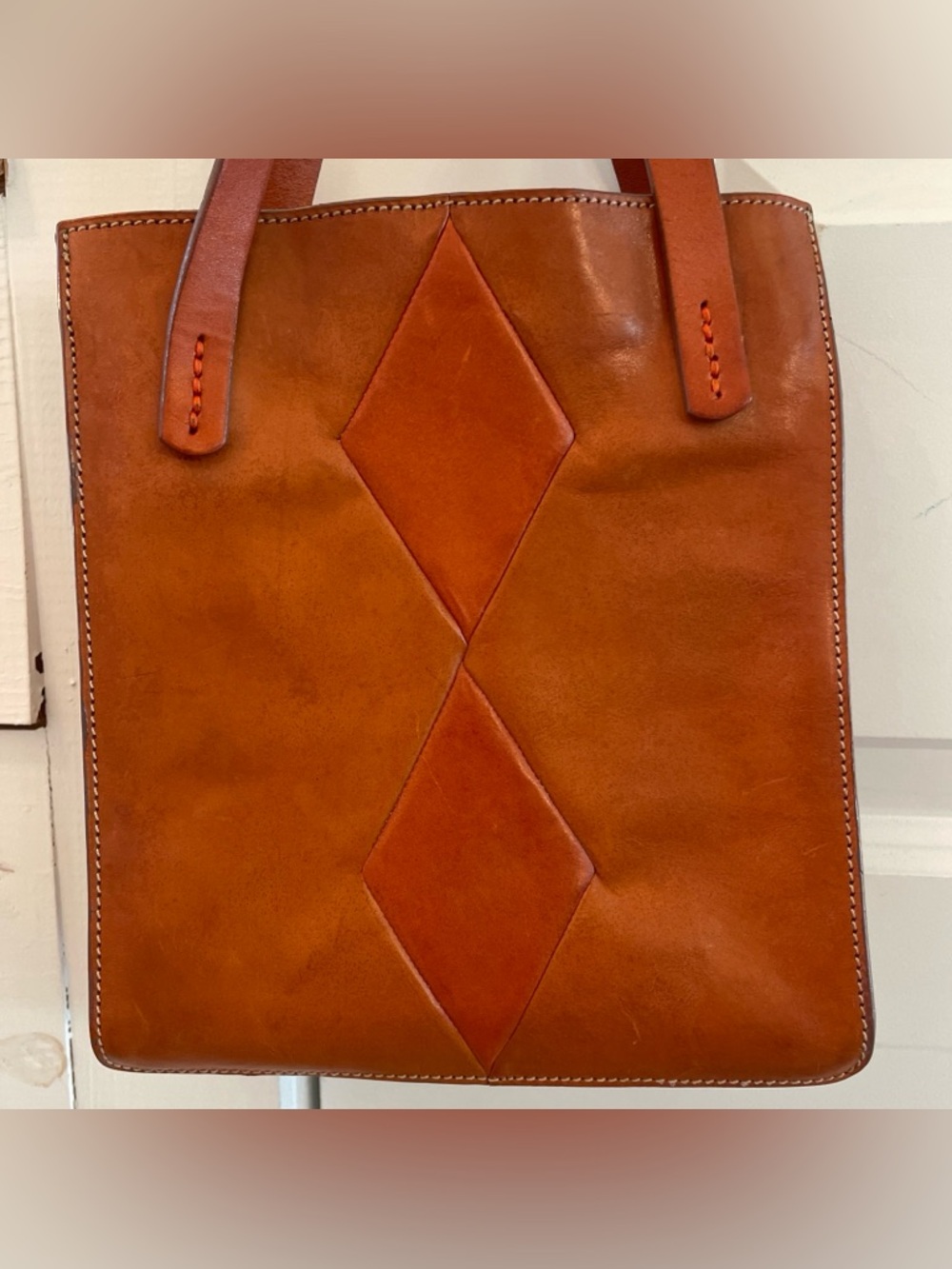 Johnny Farah Small Geometric Diamond Leather Tan Tote Bag Purse Handbag - Picture 7 of 15